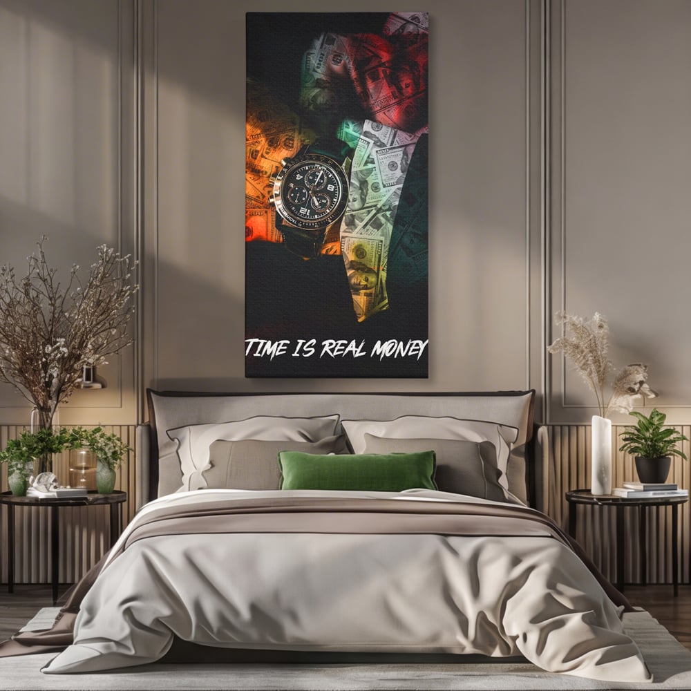 Tablou canvas cu tablou motivational cu ceas si bancnote, fara rama, pe sasiu de lemn, pe perete intr-un dormitor